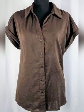 SHEIN Brown Button Front Blouse Women Large Collared Short Sleeve Work Top